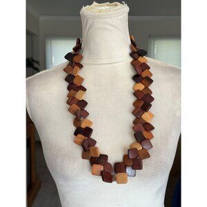 Vintage Shades of Stained Square Wooden Panel Necklace